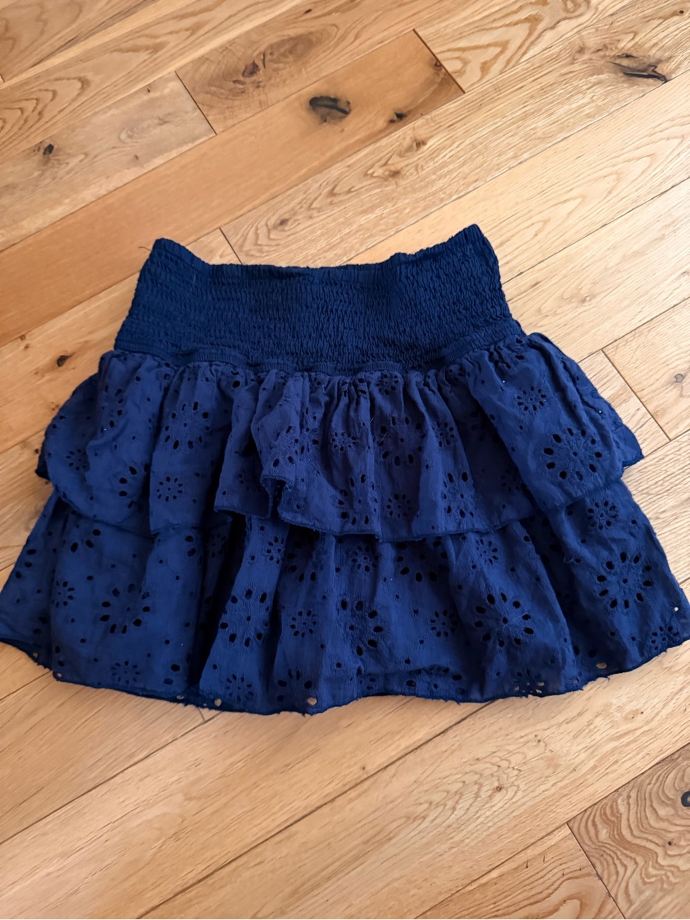 Navy Eyelet Ruffle Mini Skirt - Smocked Waist